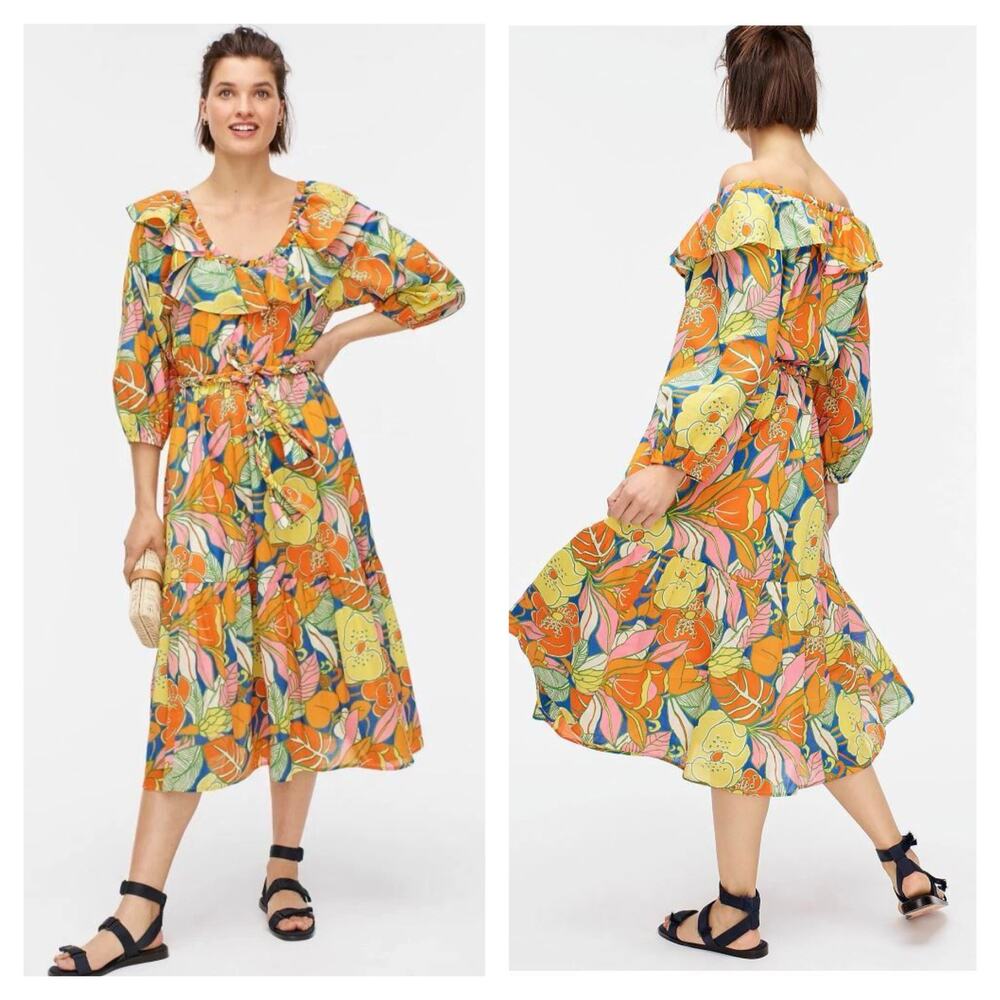 J. Crew Tropical Floral Midi Dress Small Ruffle Off Shoulder Summer Vacation